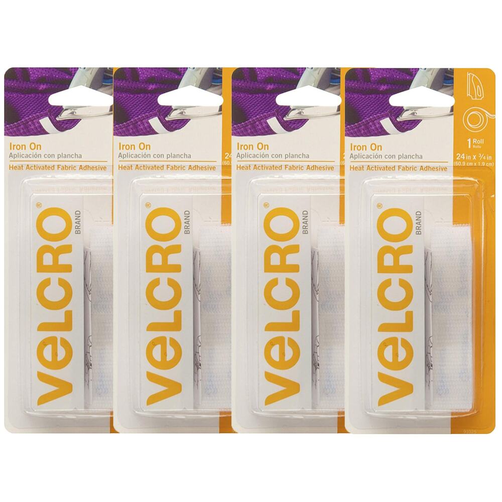 NEW! VELCRO‎ Brand for Fabrics Iron On Tape 24 in x 3/4 WHITE 4pk